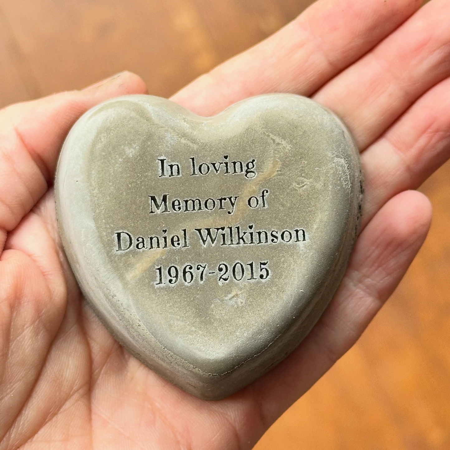 In Loving Memory Of. Heart shaped concrete Personalised Loss Grief engraved Memorial. Grave marker garden gravestone ornament Headstone