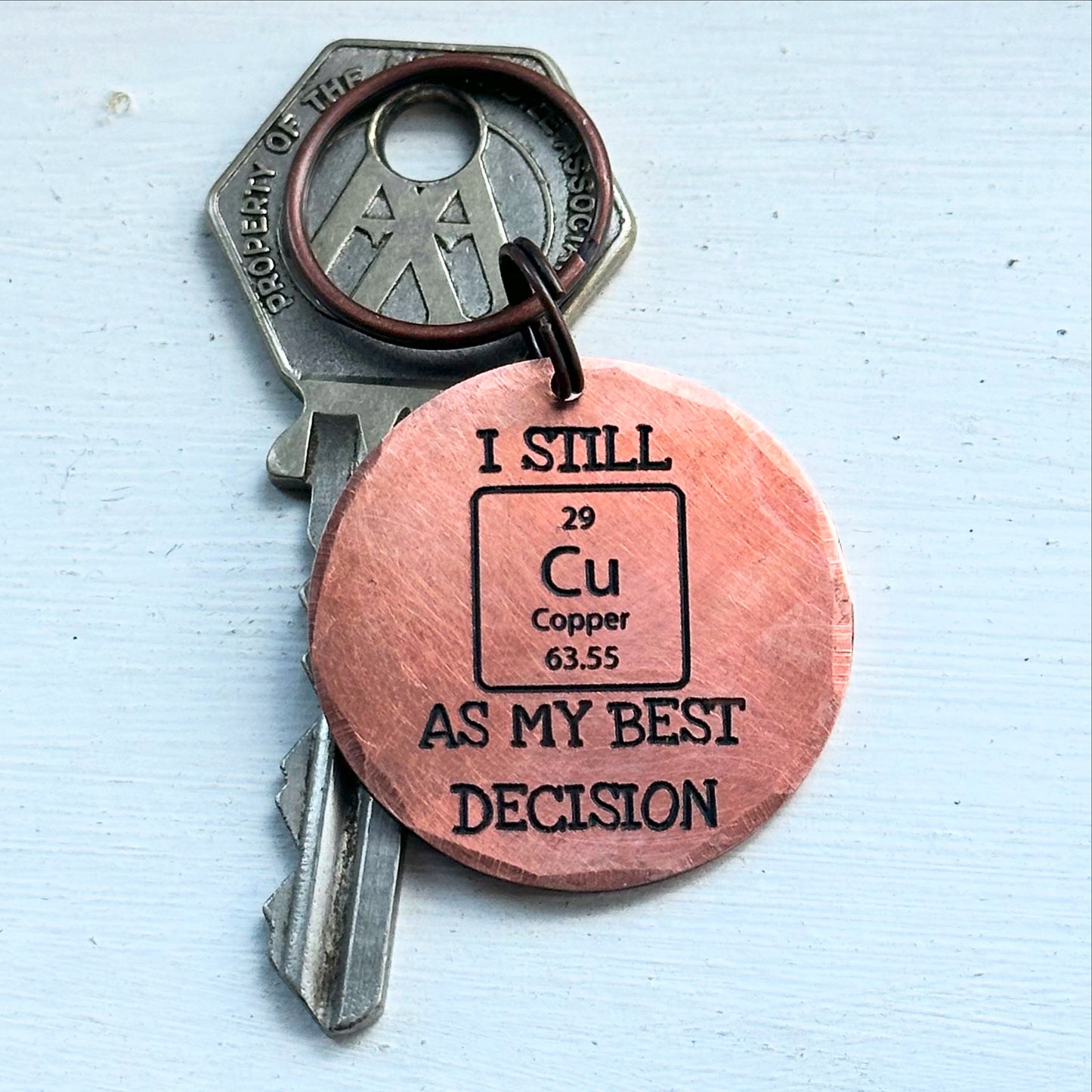 traditional copper keychain anniversary gift. periodic table. engraved funny keepsake. 7 years 9 years 22 years