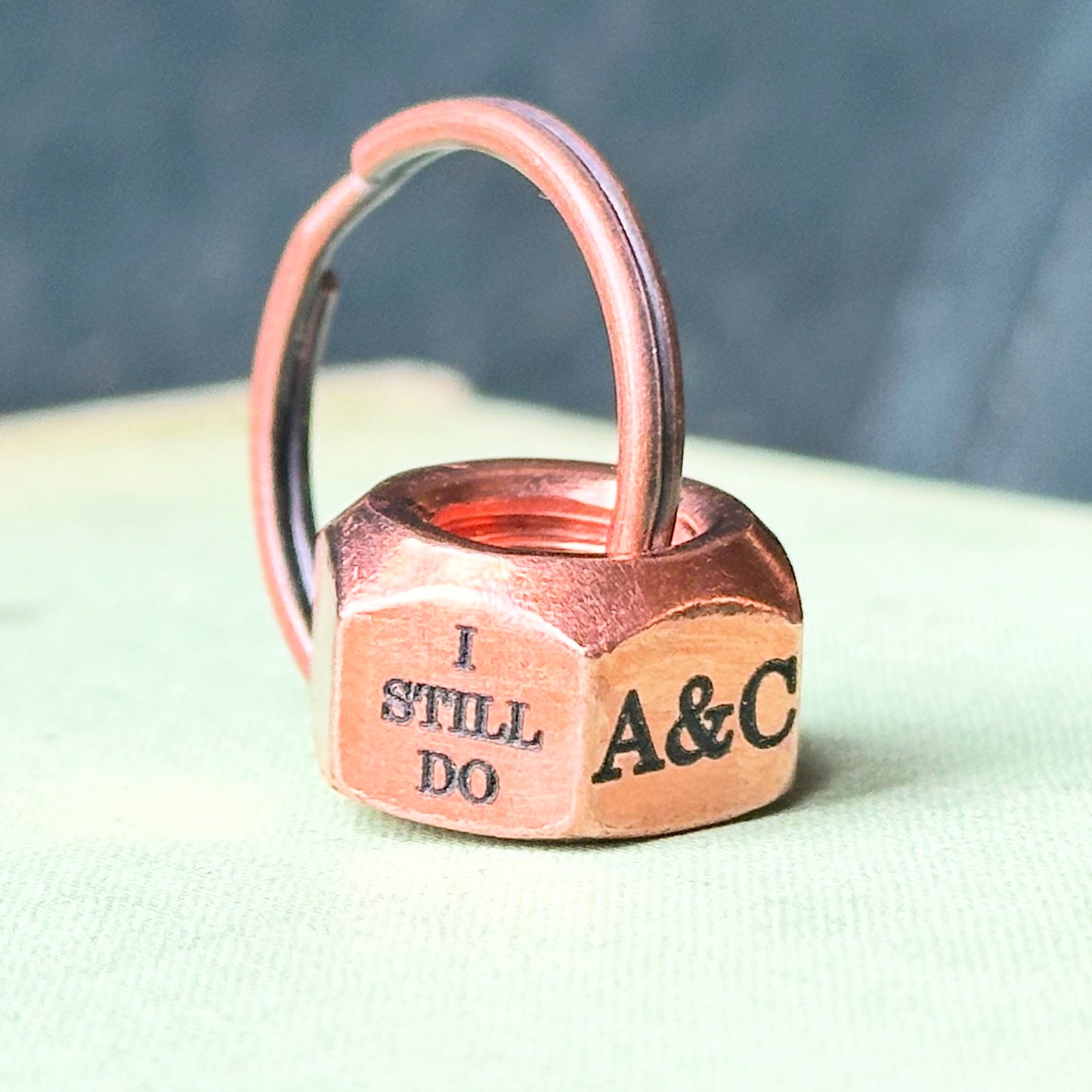 personalised I STILL DO engraved copper hex nut keyring 7 year anniversary gift for him