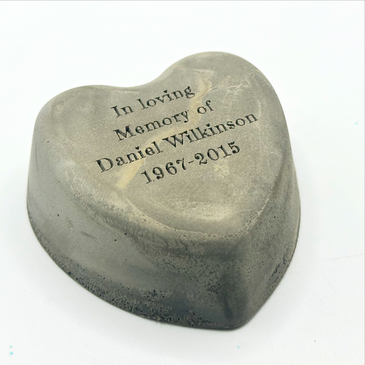 In Loving Memory Of. Heart shaped concrete Personalised Loss Grief engraved Memorial. Grave marker garden gravestone ornament Headstone