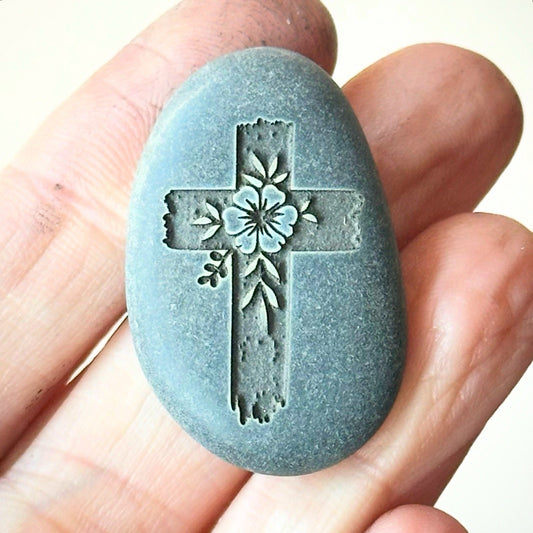 Cross In My Pocket Pebble. Deeply Engraved Floral Pocket Cross Religious Stone