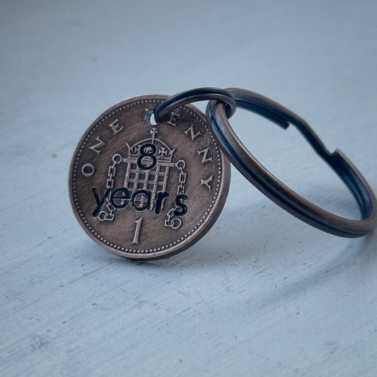 A bronze-colored keychain featuring a hand-stamped 1p coin with '8 years' and intricate designs, attached to a keyring.