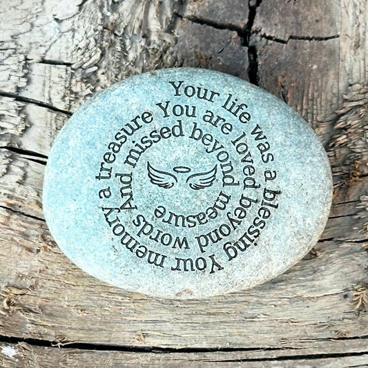 Your life was a Blessing. Deep Engraved Pocket Pebble Loss Memorial Angel Wings