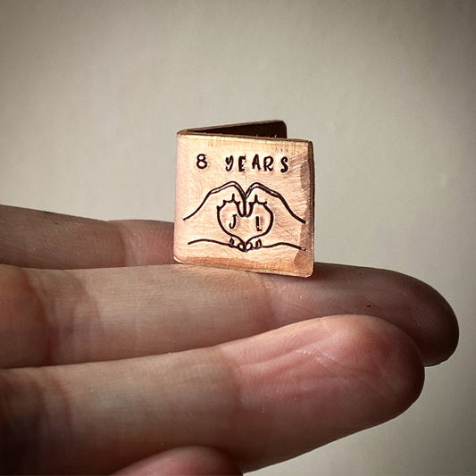Personalised minature 8 YEARS bronze wedding anniversary card Love heart hands