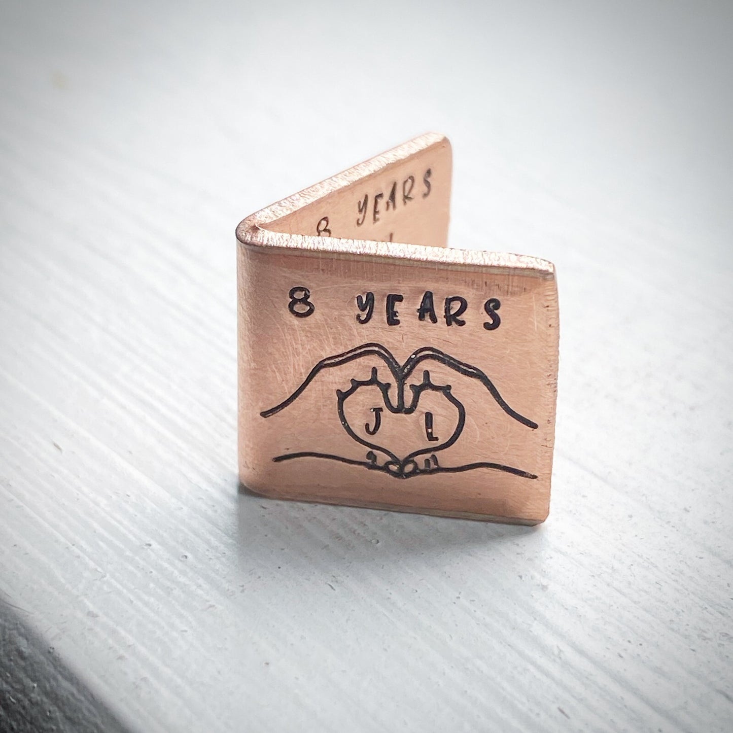 Personalised minature 8 YEARS bronze wedding anniversary card Love heart hands