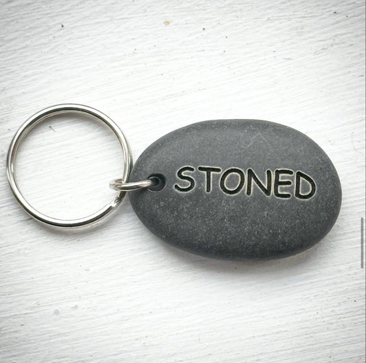 Funny STONED Engraved Pebble Stone Keychain Stoner Birthday Anniversary Gift